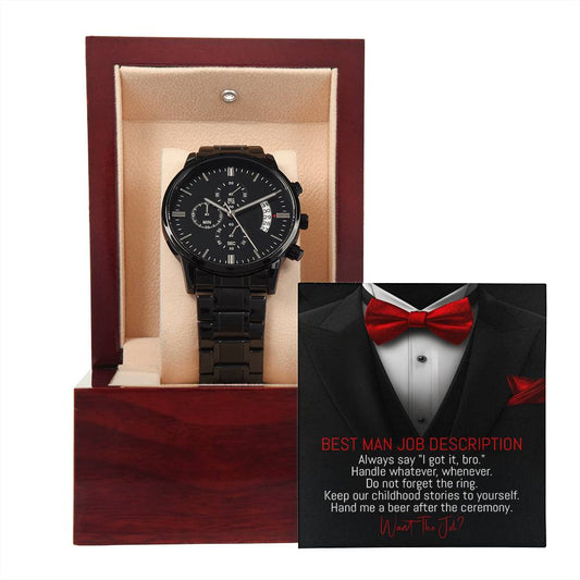 Best Man Gift - Mens Black Wrist Watch with Mahogany Box and Message Card - Want The Job