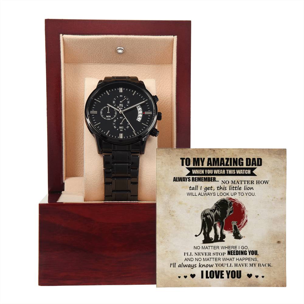 Gift For Dad - Mens Black Wrist Watch with Mahogany Box and Message Card - This Little Lion