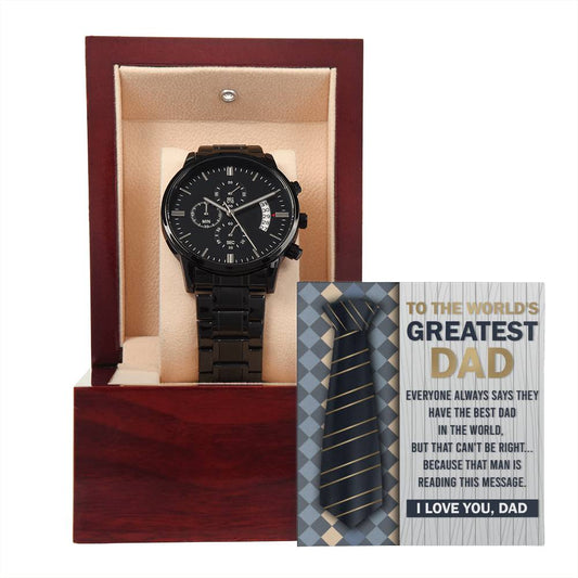 Gift For Dad - Mens Black Wrist Watch with Mahogany Box and Message Card - That Man