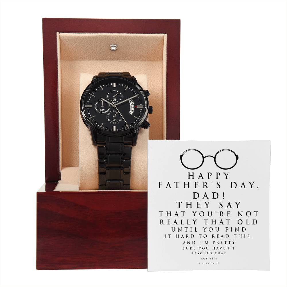 Fathers Day Gift For Dad - Mens Black Wrist Watch with Mahogany Box and Message Card - Hard To Read