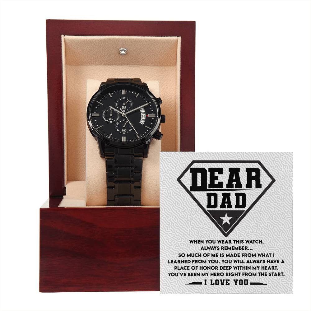 Dad Watch Gift - My Hero - Black Chronograph Watch with Mahogany Box