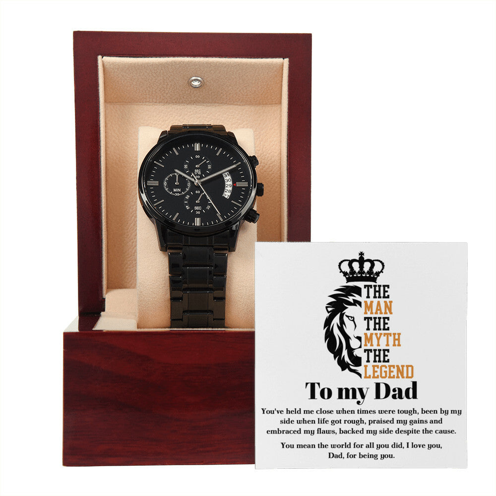 Gift For Dad - Mens Black Wrist Watch with Mahogany Box and Message Card - The Legend