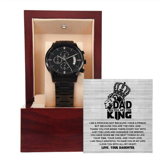 Gift For Dad - Mens Black Wrist Watch with Mahogany Box and Message Card - Not Because