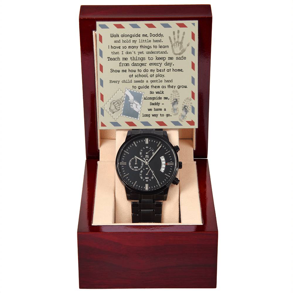 Gift For Dad - Mens Black Wrist Watch with Mahogany Box and Message Card - Walk Along Side Me