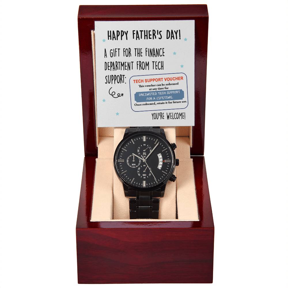 Fathers Day Gift For Dad - Mens Black Wrist Watch with Mahogany Box and Message Card - Tech Support Voucher