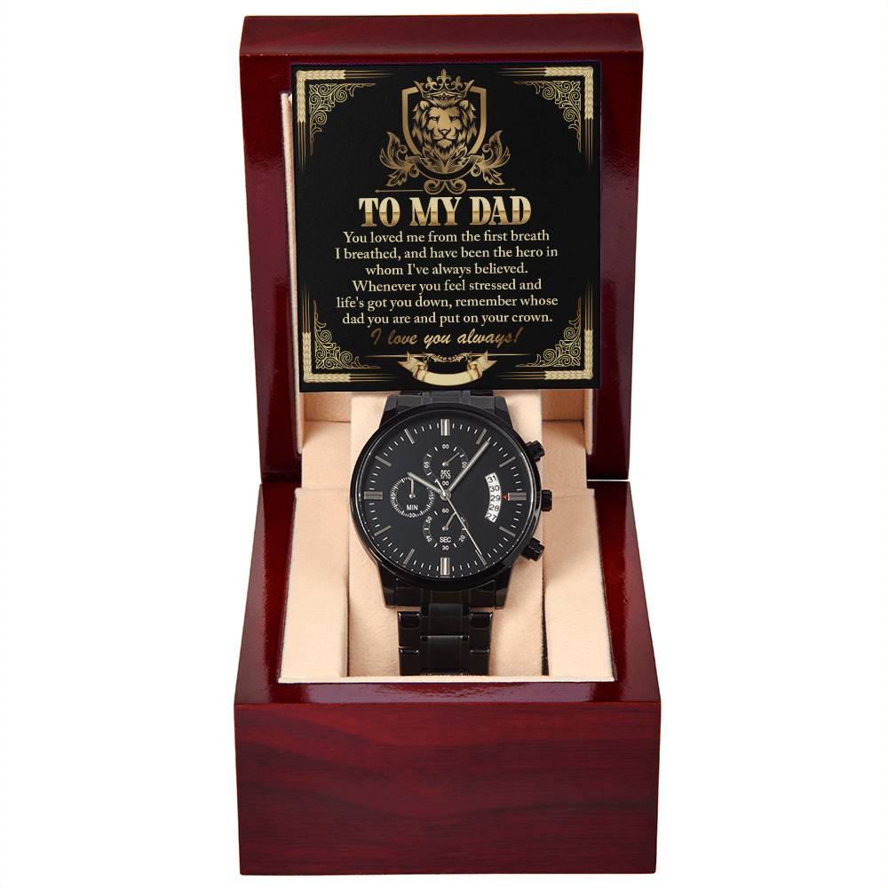 Gift For Dad - Mens Black Wrist Watch with Mahogany Box and Message Card - On Your Crown