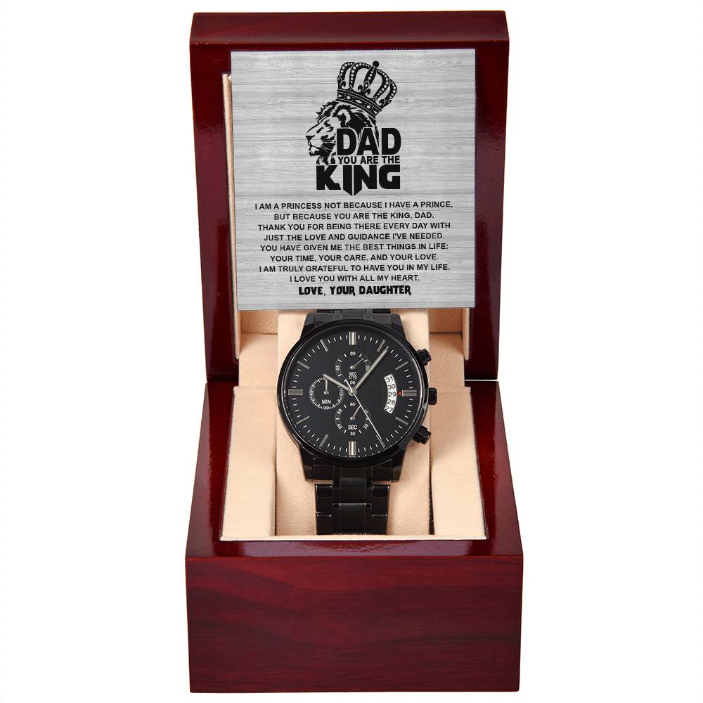 Gift For Dad - Mens Black Wrist Watch with Mahogany Box and Message Card - Not Because