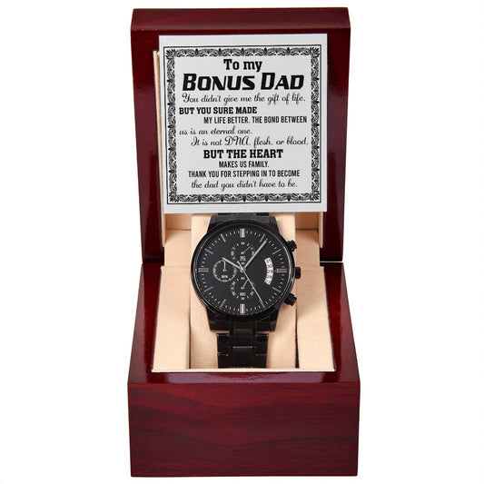 Bonus Dad Watch Gift - Gift Of Life - Black Chronograph Watch with Mahogany Box