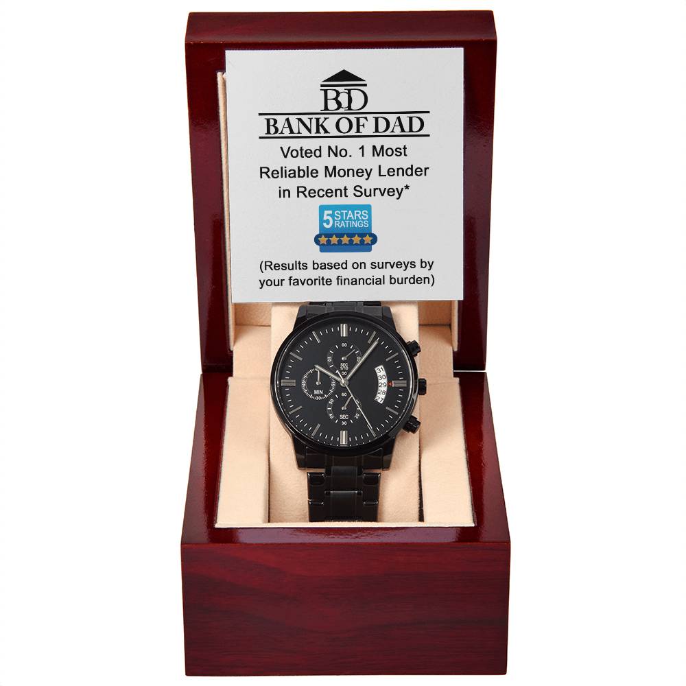 Gift For Dad - Mens Black Wrist Watch with Mahogany Box and Message Card - Financial Burden