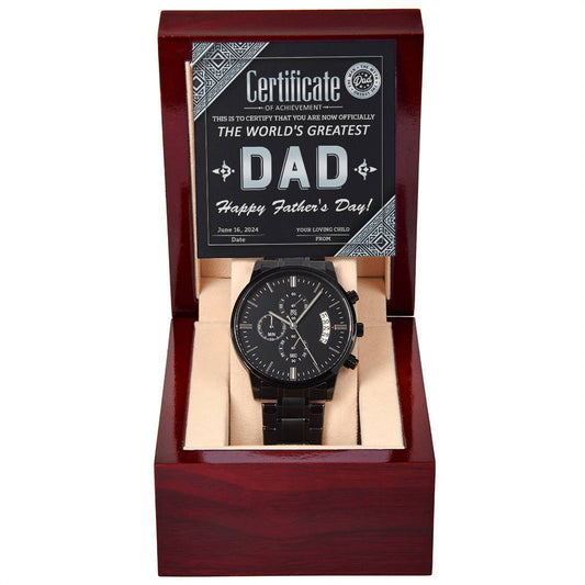 Dad Watch Gift - Certificate of Achievement - Black Chronograph Watch with Mahogany Box