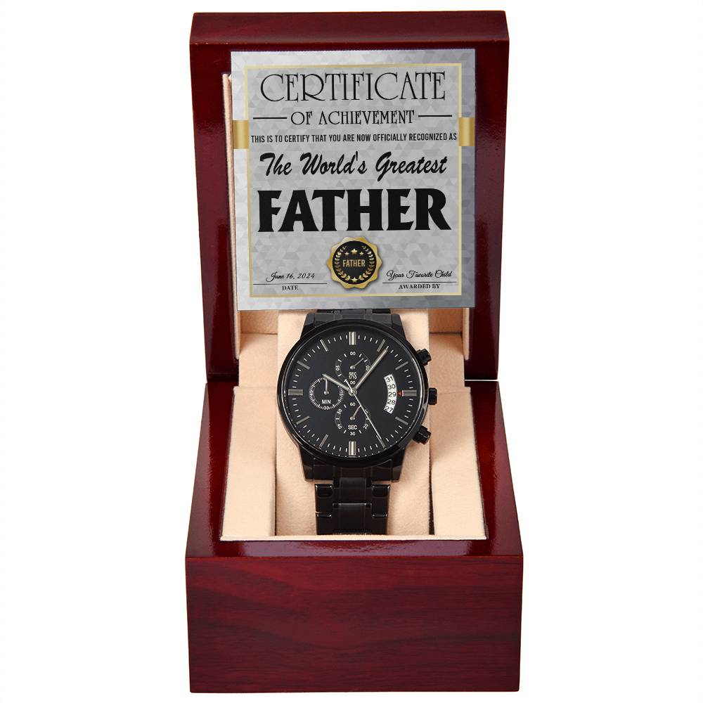 Gift For Dad - Mens Black Wrist Watch with Mahogany Box and Message Card - Worlds Greatest Father Certificate