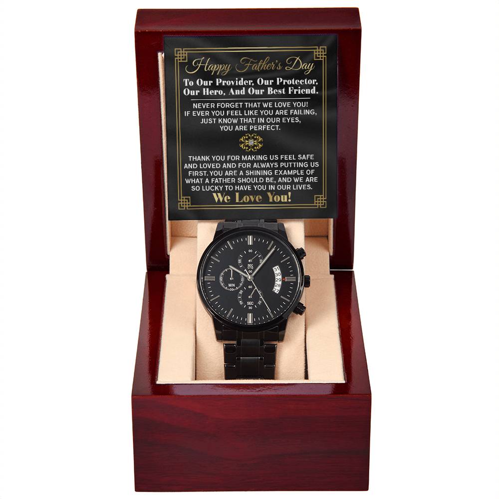 Fathers Day Gift - Mens Black Wrist Watch with Mahogany Box and Message Card - On Protector