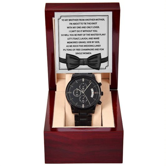 Groomsman Proposal Gift - Black Chronograph Watch with Message Card - Please Be My Groomsman