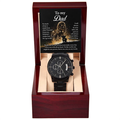 Gift For Dad - Mens Black Wrist Watch with Mahogany Box and Message Card - This Little Lion