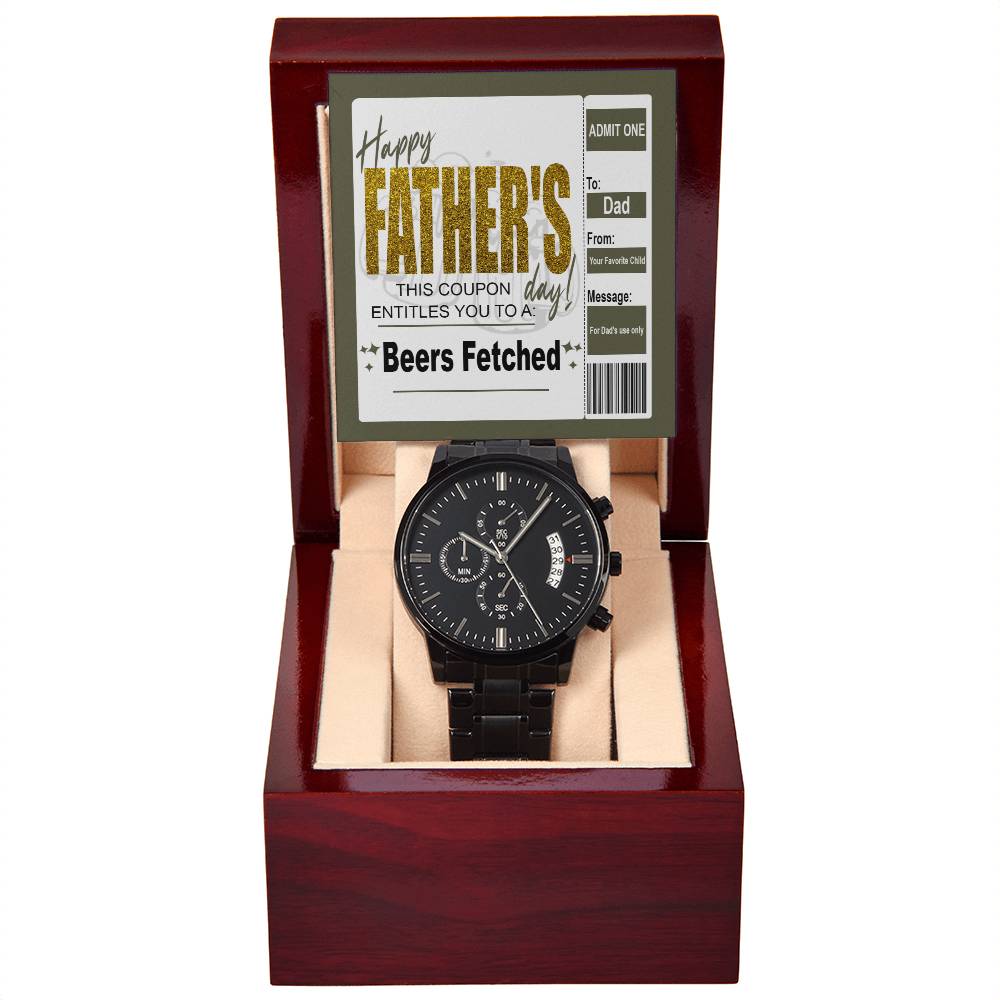 Fathers Day Gift For Dad - Mens Black Wrist Watch with Mahogany Box and Message Card -Beers Fetched