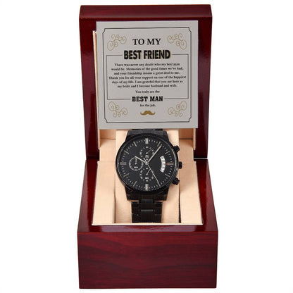 Best Man Gift - Mens Black Wrist Watch with Mahogany Box and Message Card - Thanks For All Your Support