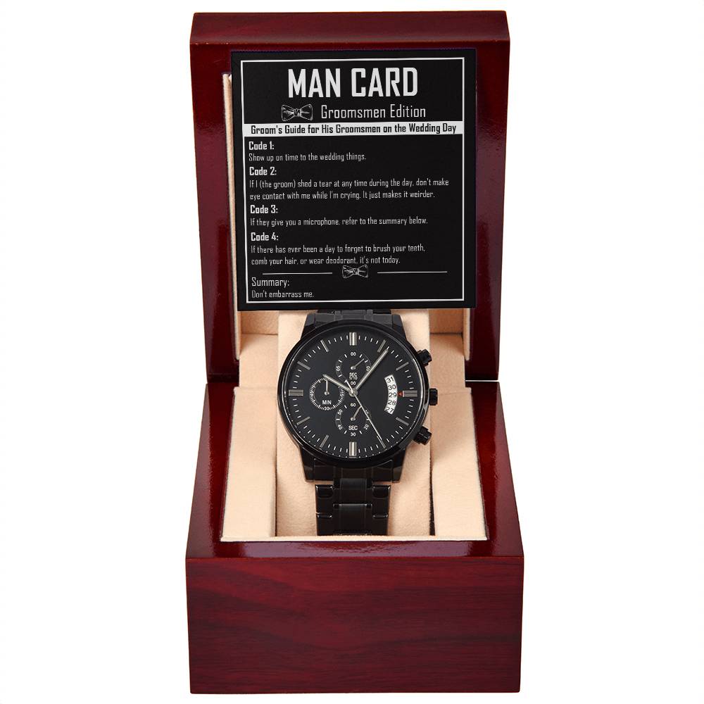 Groomsman Gift - Mens Black Wrist Watch with Mahogany Box and Message Card - Man Card