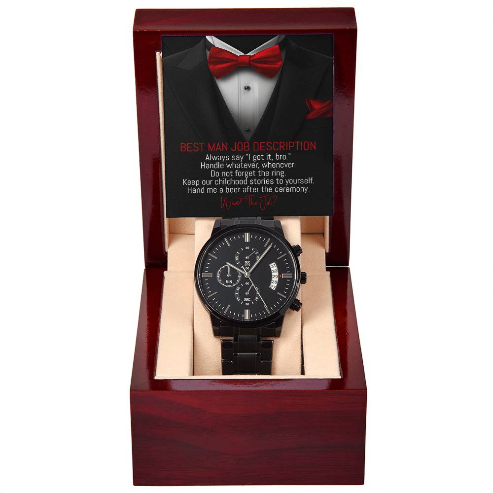 Best Man Gift - Mens Black Wrist Watch with Mahogany Box and Message Card - Want The Job