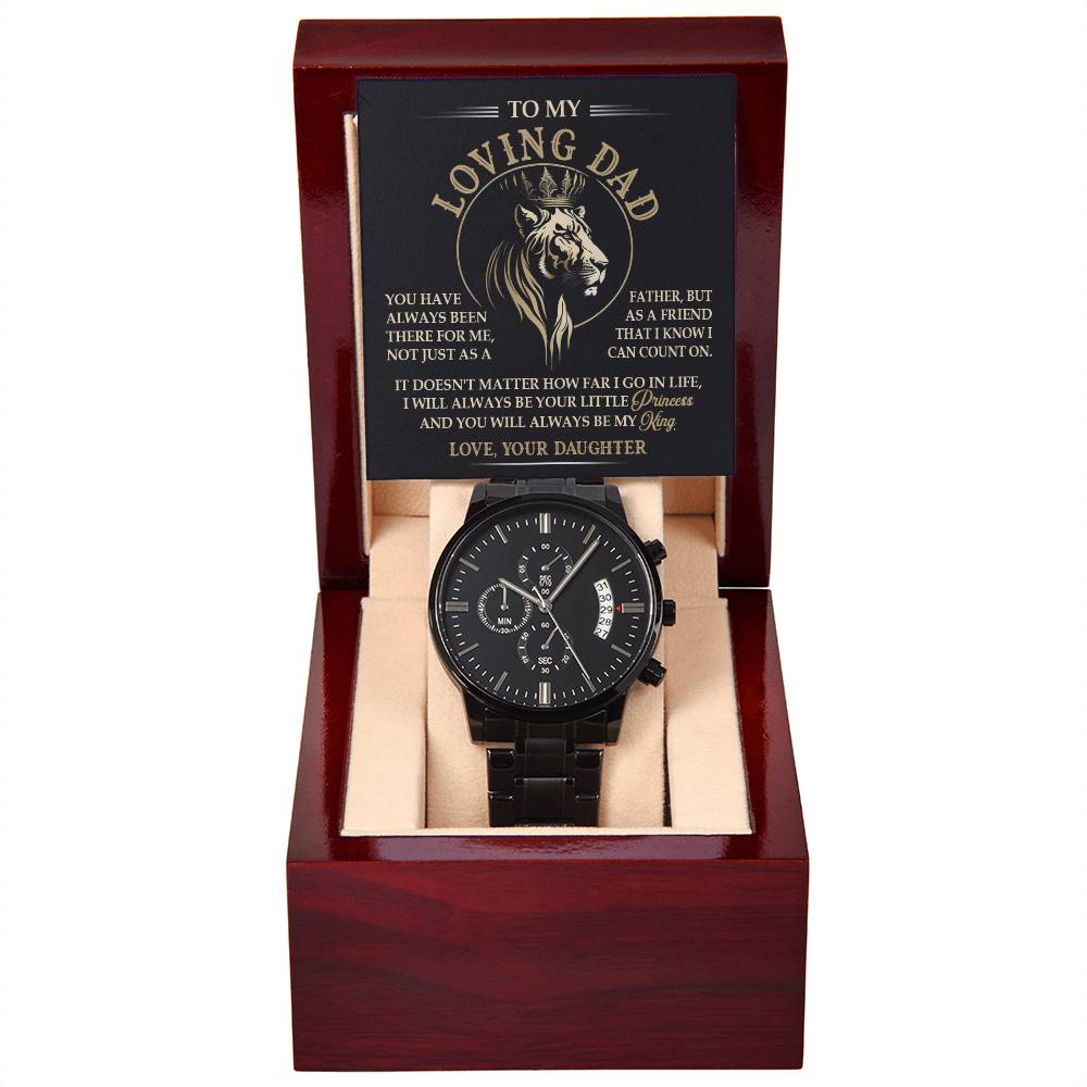 Dad Watch Gift - Always Be My King - Black Chronograph Watch with Mahogany Box