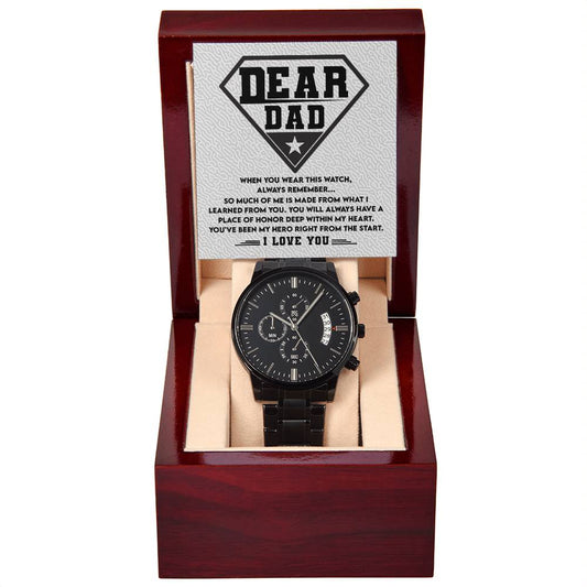 Dad Watch Gift - My Hero - Black Chronograph Watch with Mahogany Box