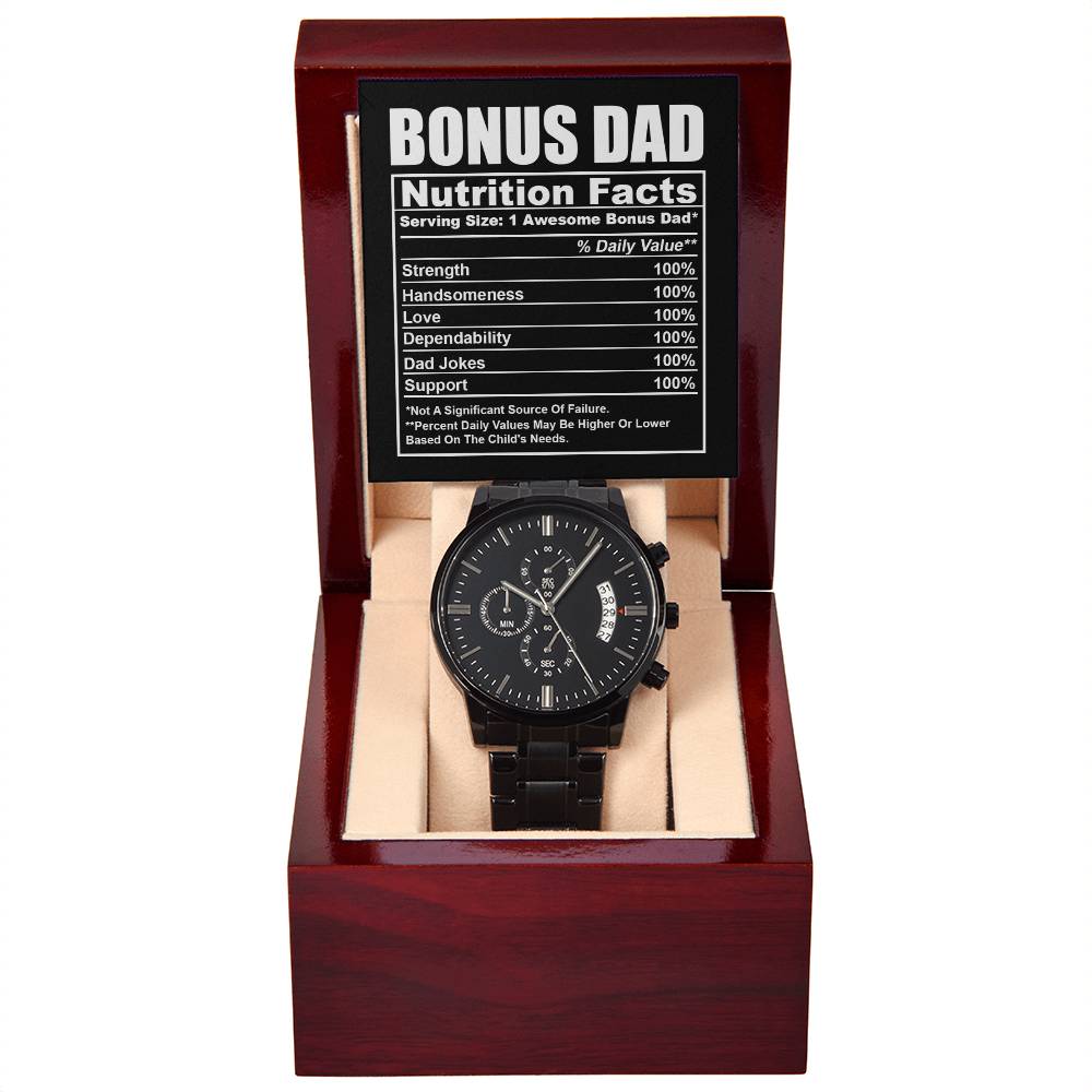 Bonus Dad Gift - Mens Black Wrist Watch with Mahogany Box and Message Card -Nutrition Facts