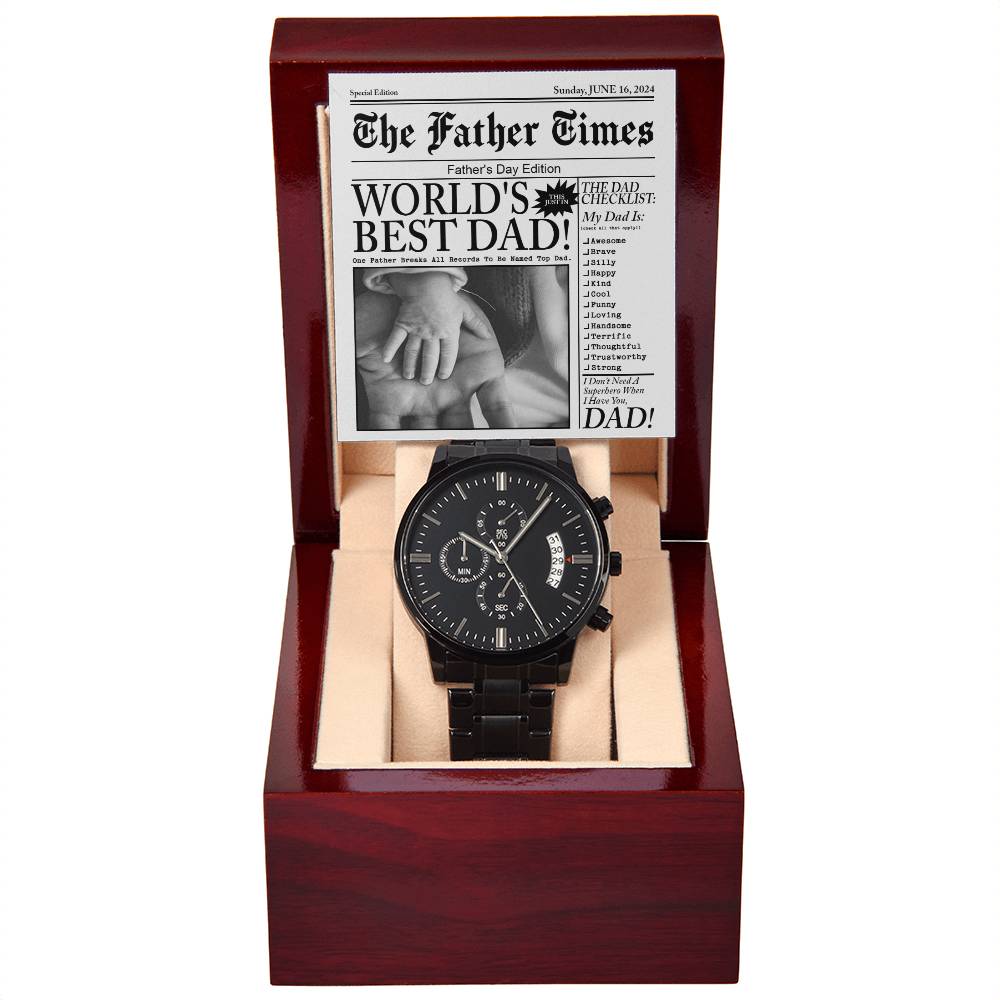 Father's Day Gift For Dad- Mens Black Wrist Watch with Mahogany Box and Message Card - The Father Times