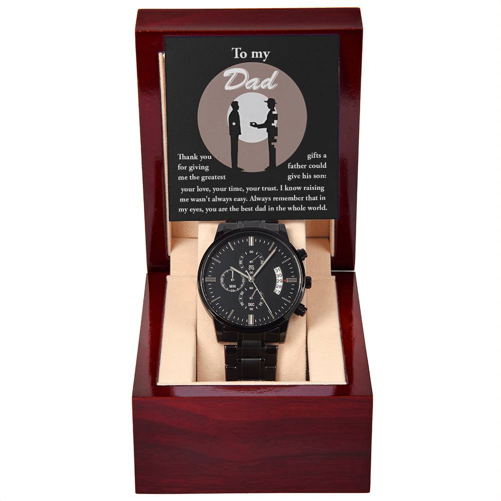 Gift For Dad - Mens Black Wrist Watch with Mahogany Box and Message Card - The Greatest Gifts