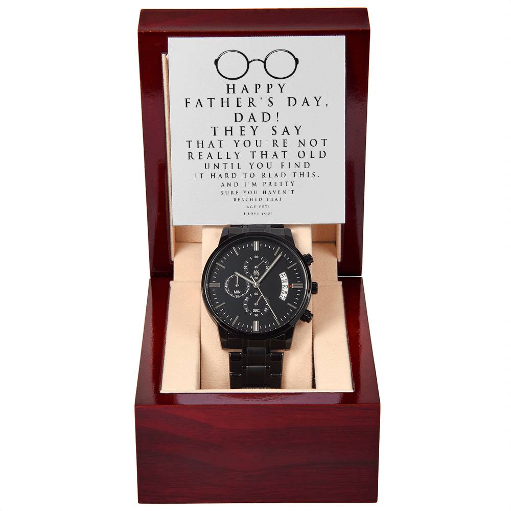 Fathers Day Gift For Dad - Mens Black Wrist Watch with Mahogany Box and Message Card - Hard To Read