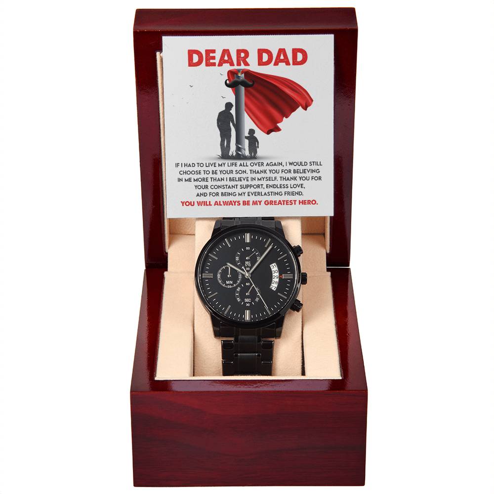 Gift For Dad - Mens Black Wrist Watch with Mahogany Box and Message Card - My Greatest Hero