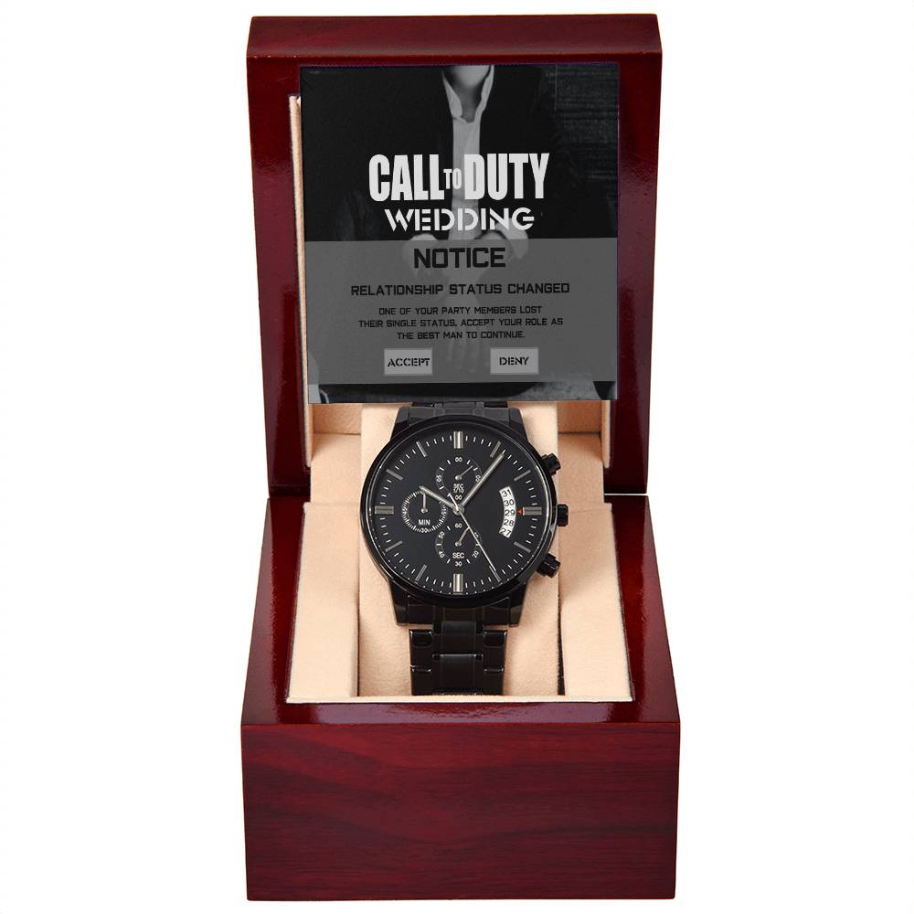 Best Man Gift - Mens Black Wrist Watch with Mahogany Box and Message Card - Call To Duty