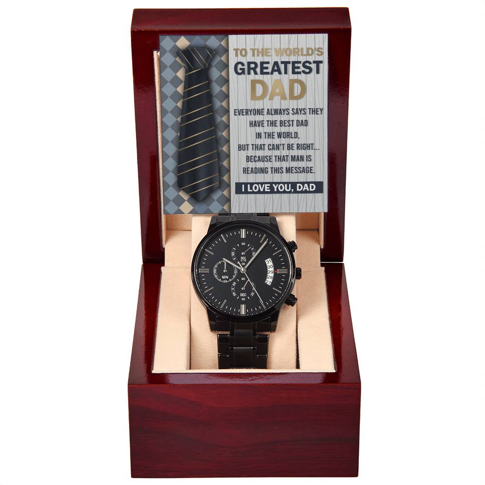 Gift For Dad - Mens Black Wrist Watch with Mahogany Box and Message Card - That Man