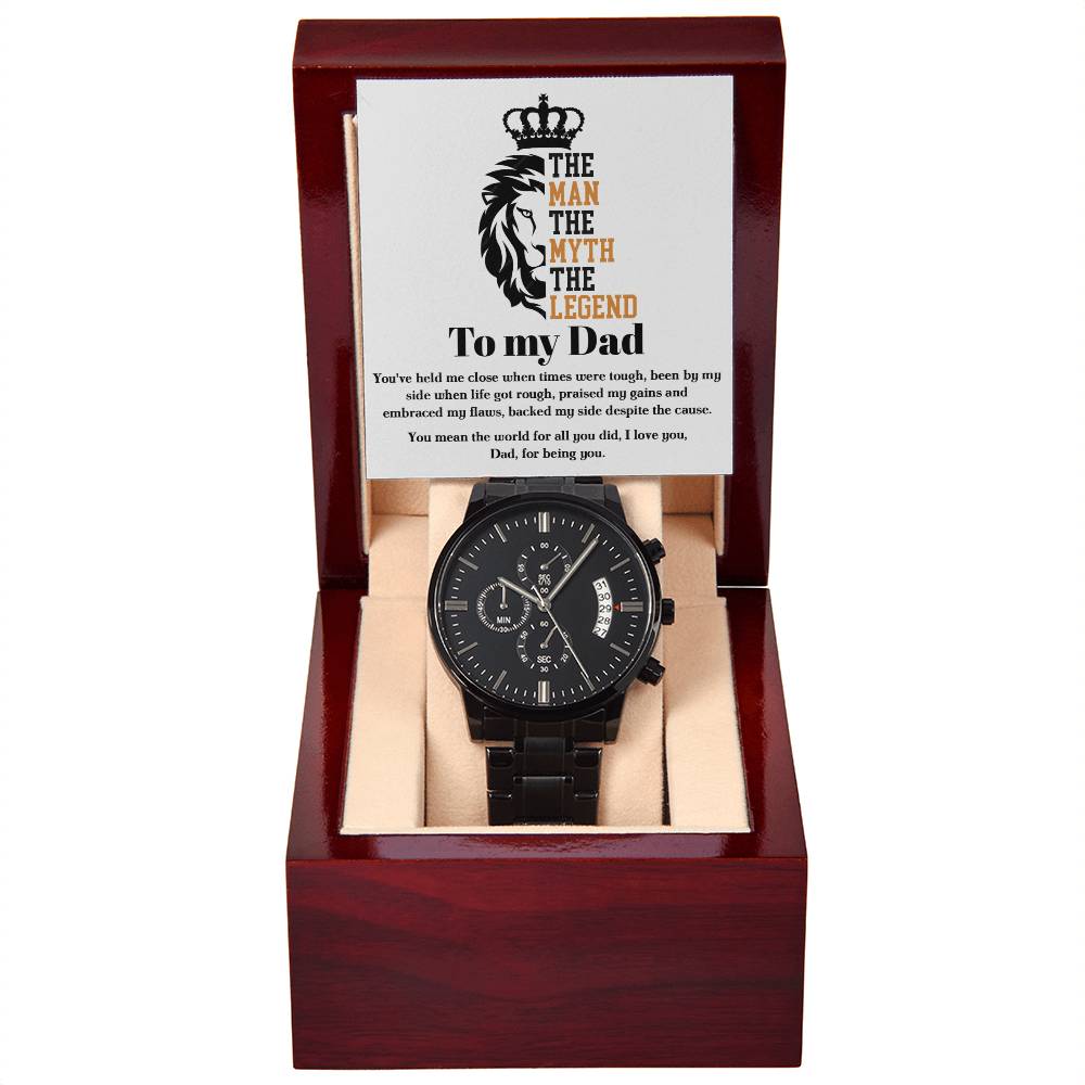 Gift For Dad - Mens Black Wrist Watch with Mahogany Box and Message Card - The Legend