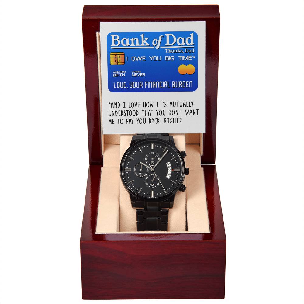 Gift For Dad - Mens Black Wrist Watch with Mahogany Box and Message Card -Bank of Dad