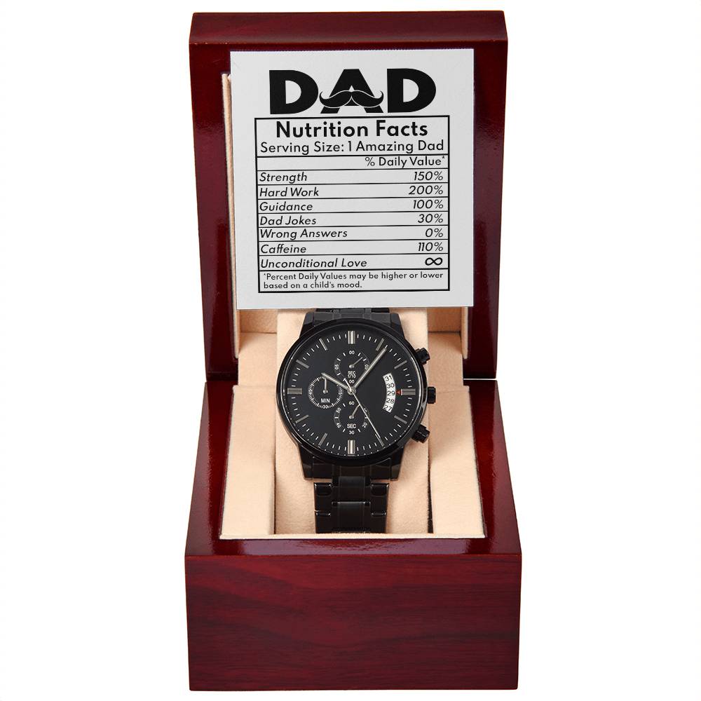 Gift For Dad - Mens Black Wrist Watch with Mahogany Box and Message Card - Nutrition Facts