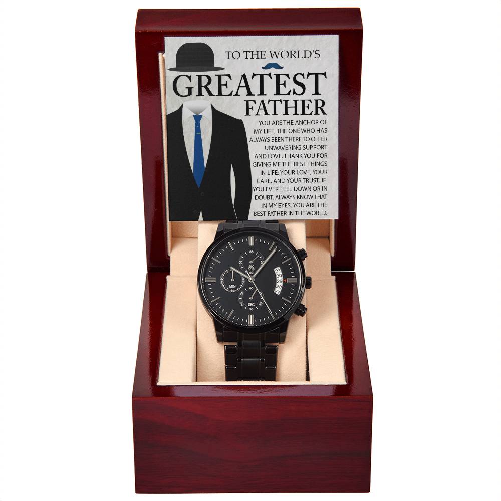 Gift For Dad- Mens Black Wrist Watch with Mahogany Box and Message Card - The Anchor