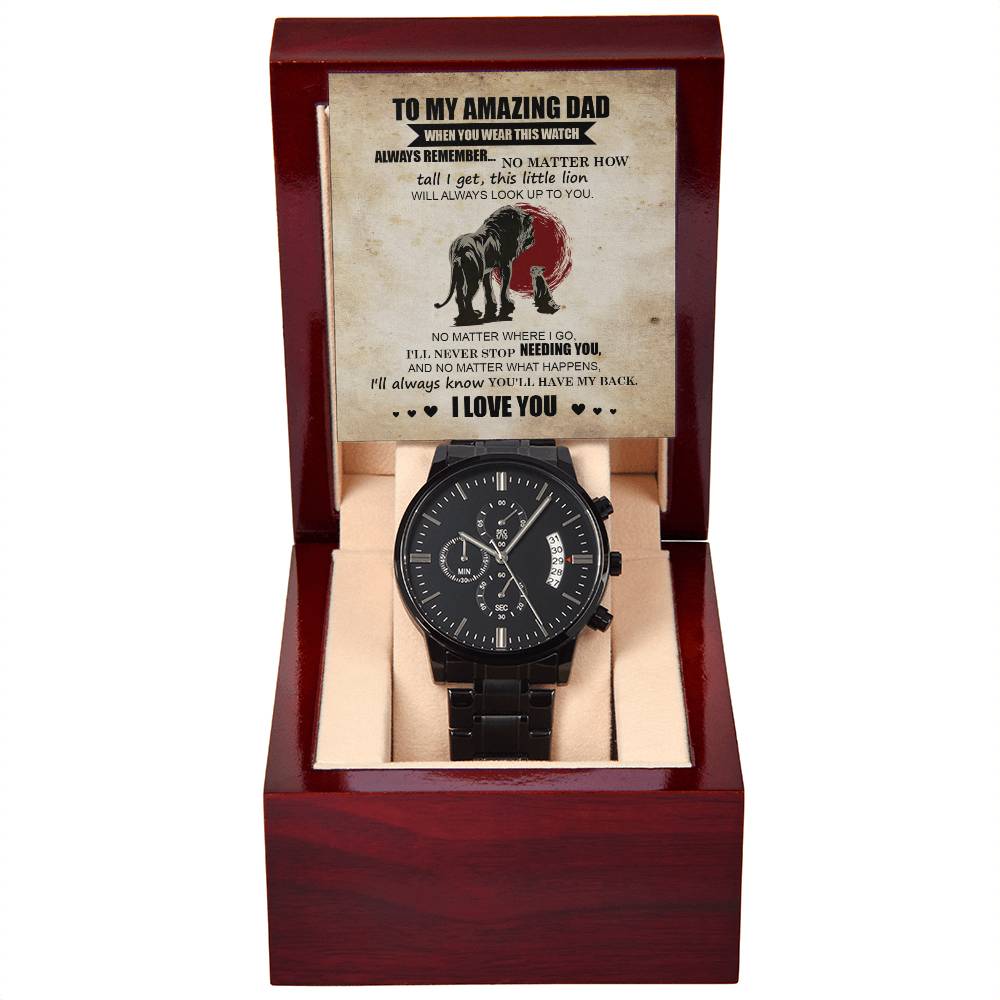 Gift For Dad - Mens Black Wrist Watch with Mahogany Box and Message Card - This Little Lion