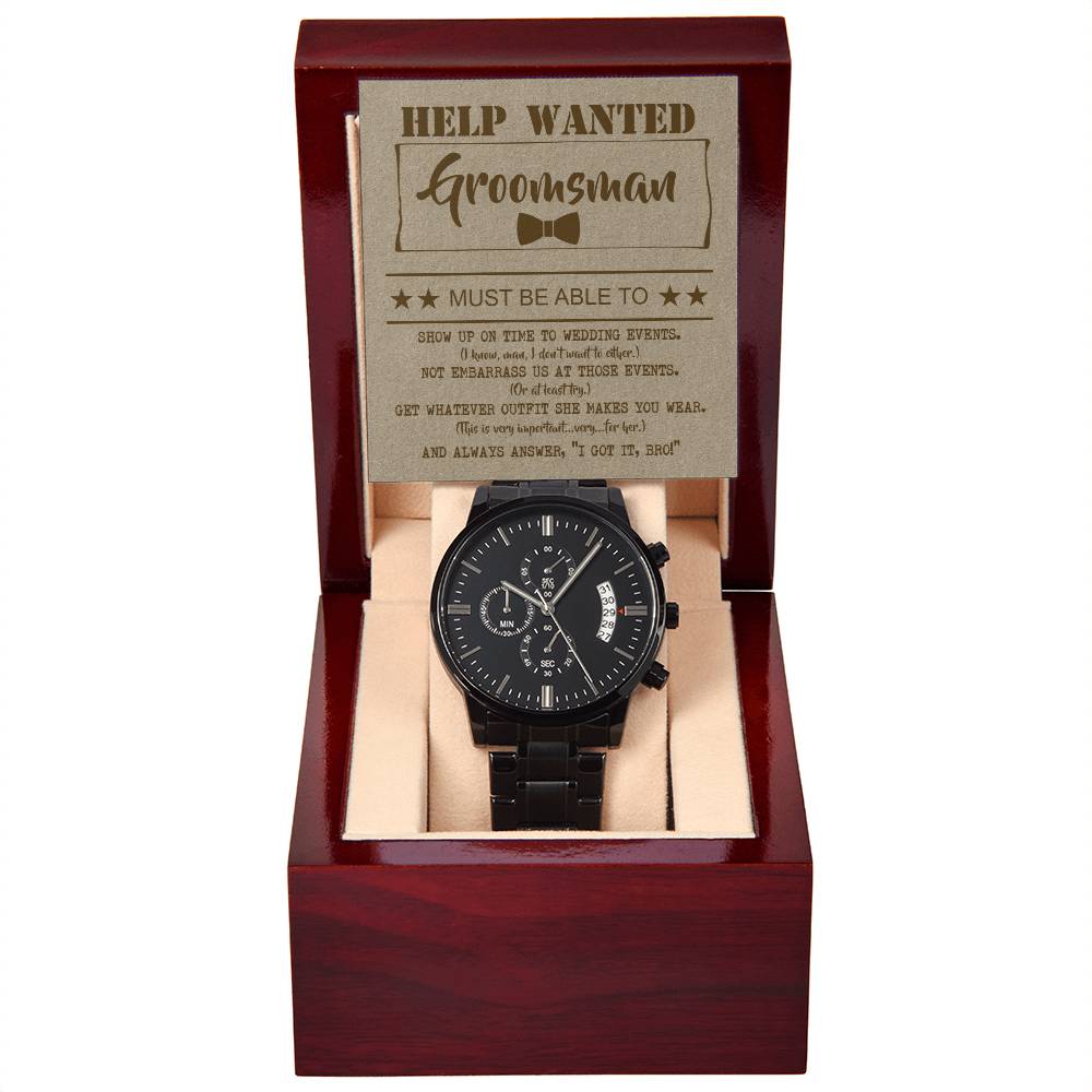 Groomsman Gift - Mens Black Wrist Watch with Mahogany Box and Message Card - Help Wanted