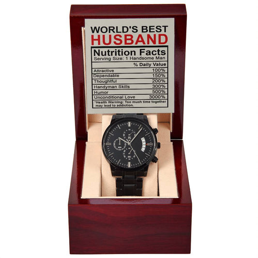 To My Husband - Mens Black Wrist Watch with Mahogany Box and Message Card - Nutrition Facts - World's Best Husband