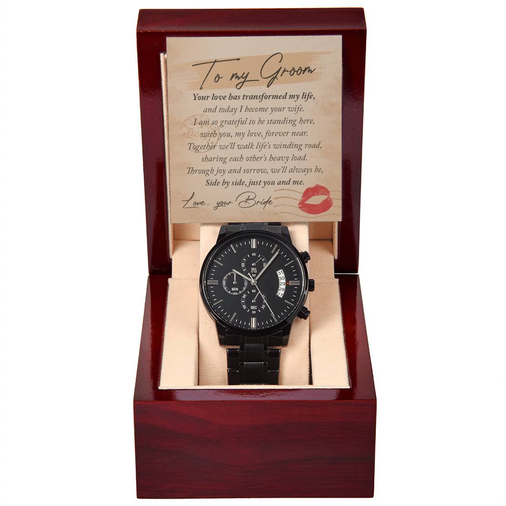 To My Groom Gift - Mens Black Wrist Watch with Mahogany Box and Message Card - You and Me