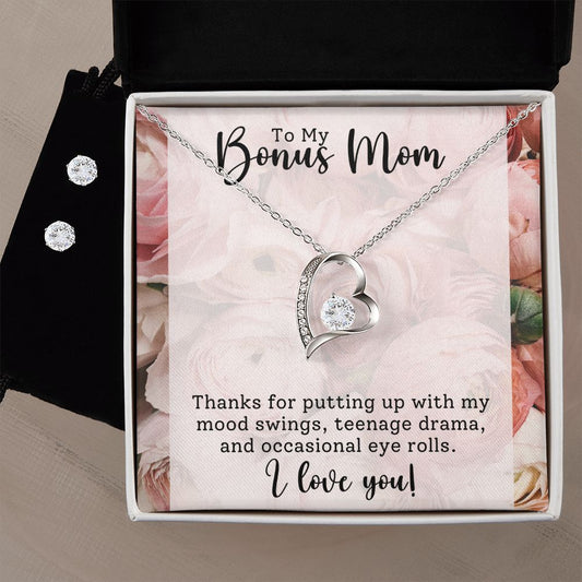 Bonus Mom Heart Necklace and Earring Set - Thanks for Putting Up With Me