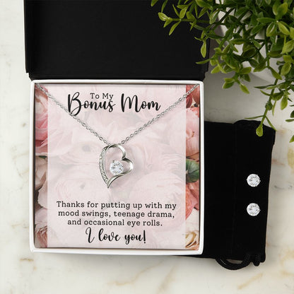 Bonus Mom Heart Necklace and Earring Set - Thanks for Putting Up With Me