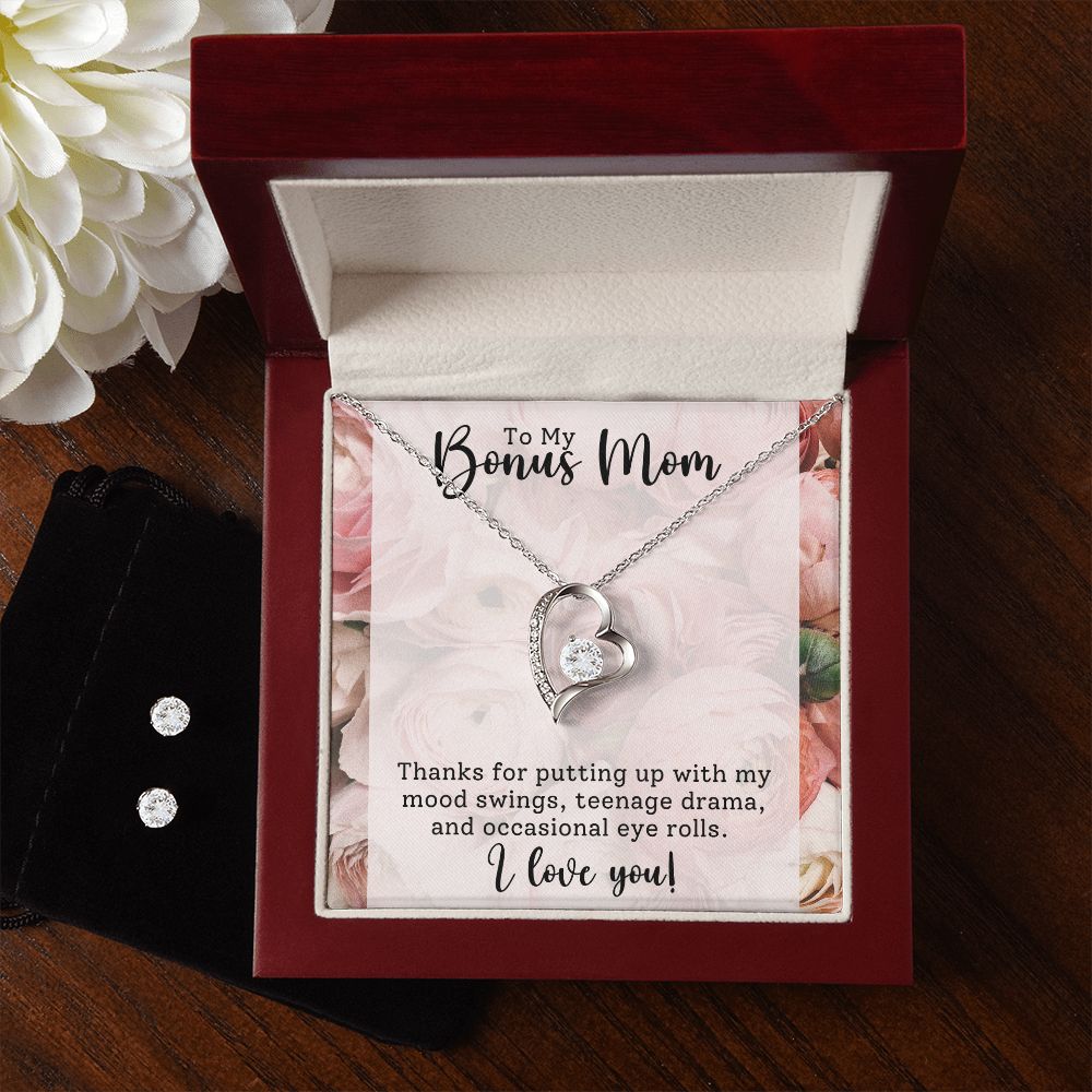 Bonus Mom Heart Necklace and Earring Set - Thanks for Putting Up With Me