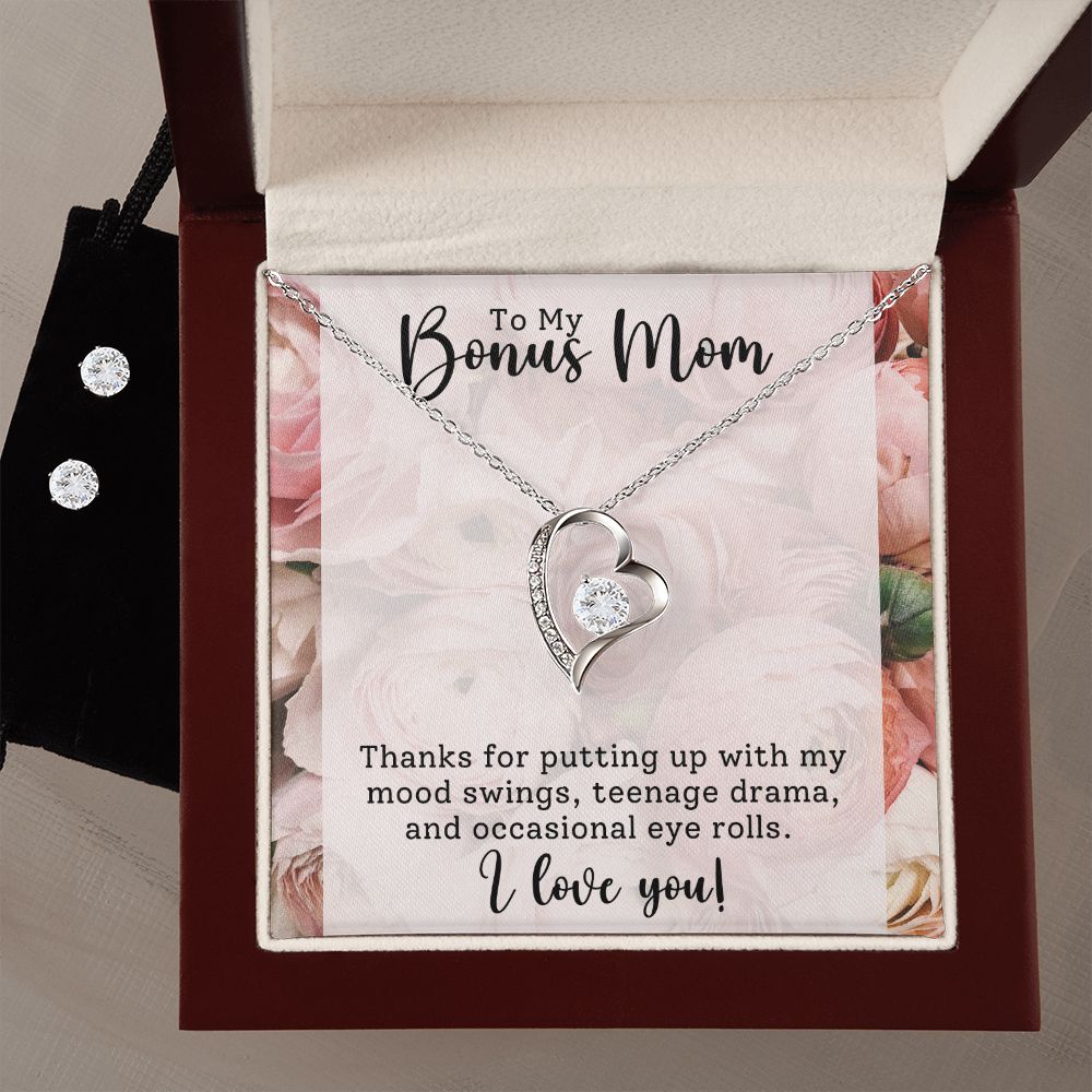 Bonus Mom Heart Necklace and Earring Set - Thanks for Putting Up With Me