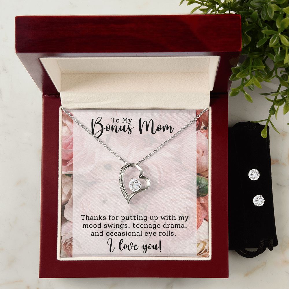 Bonus Mom Heart Necklace and Earring Set - Thanks for Putting Up With Me