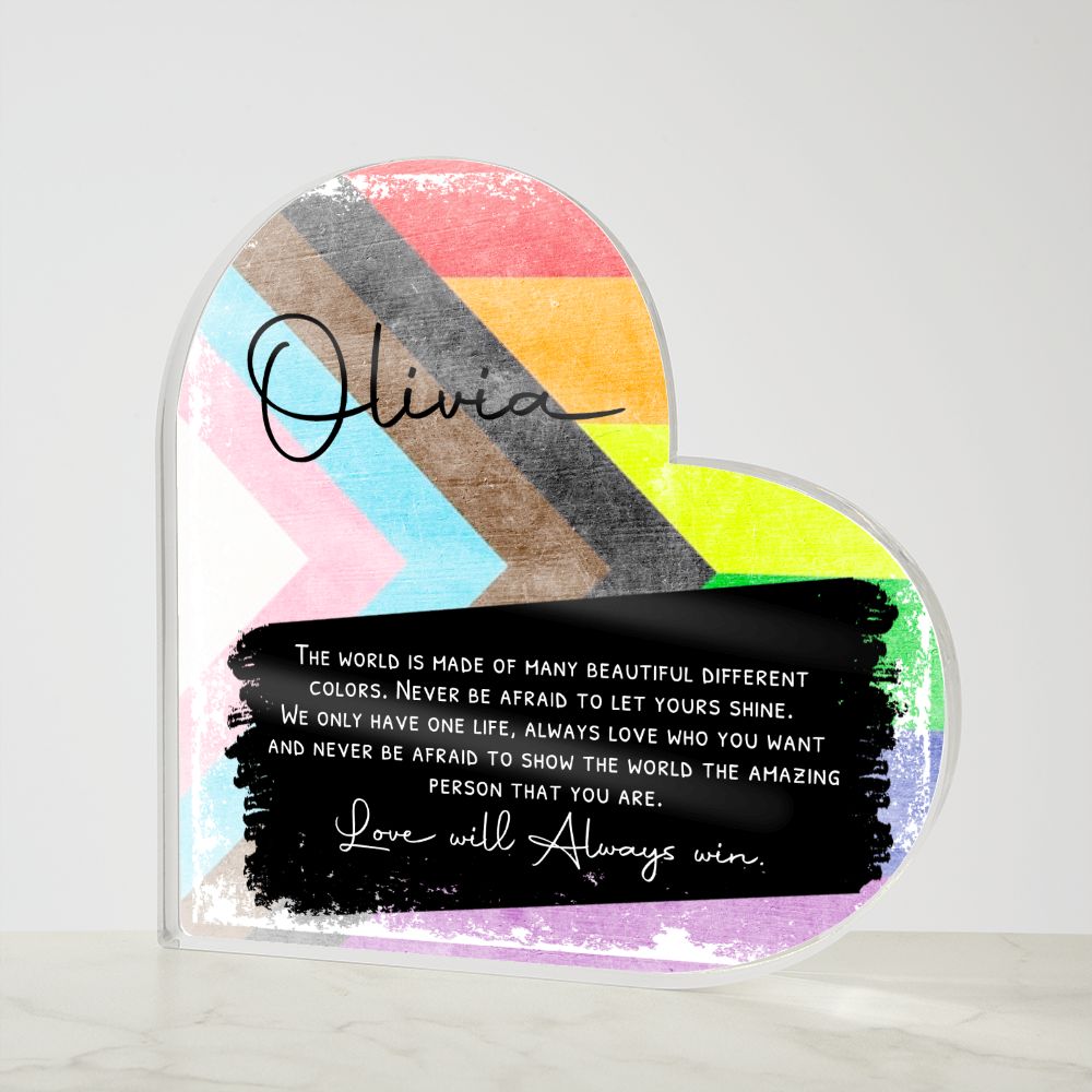 Progress Flag Pride Heart Shaped Acrylic Plaque - Personalized