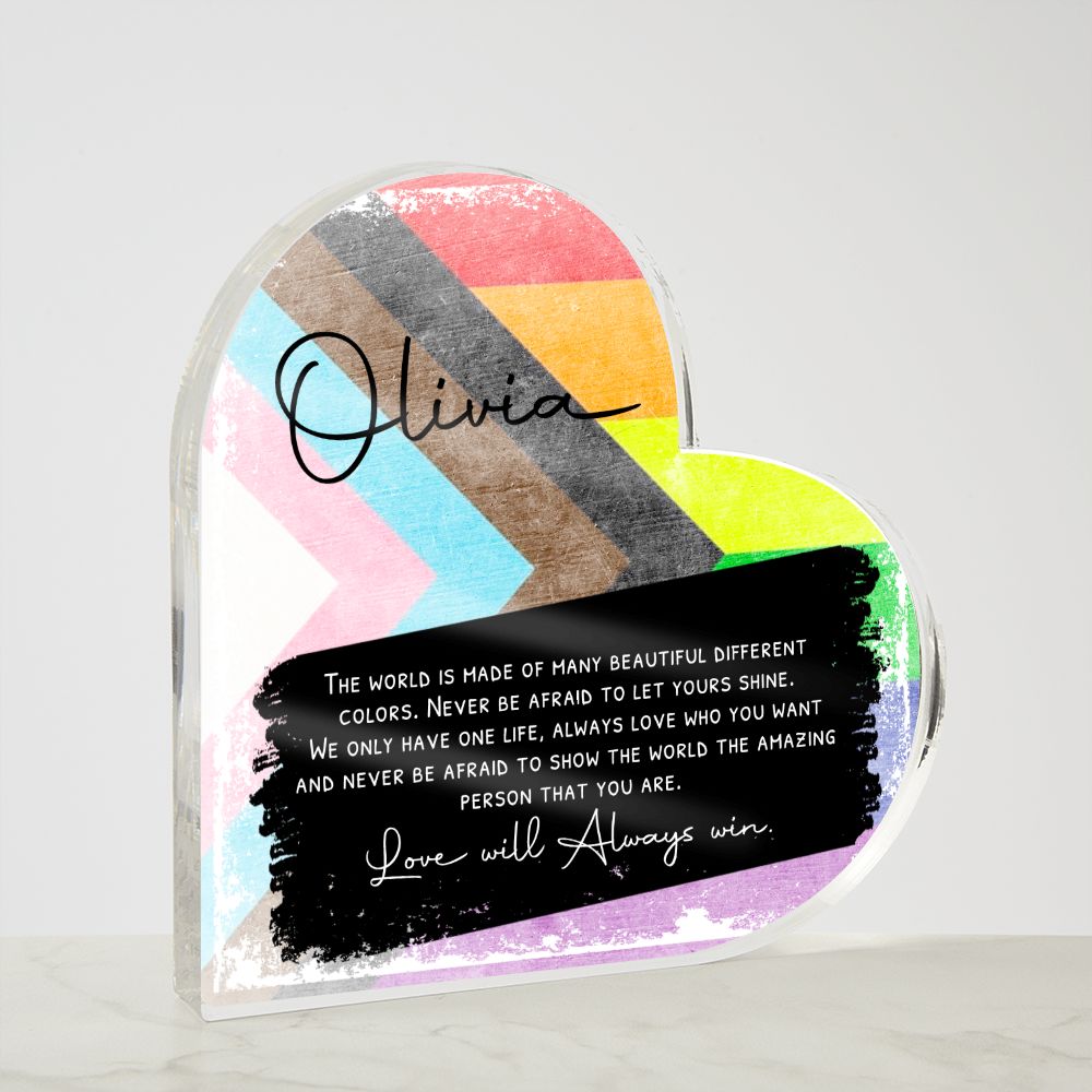 Progress Flag Pride Heart Shaped Acrylic Plaque - Personalized