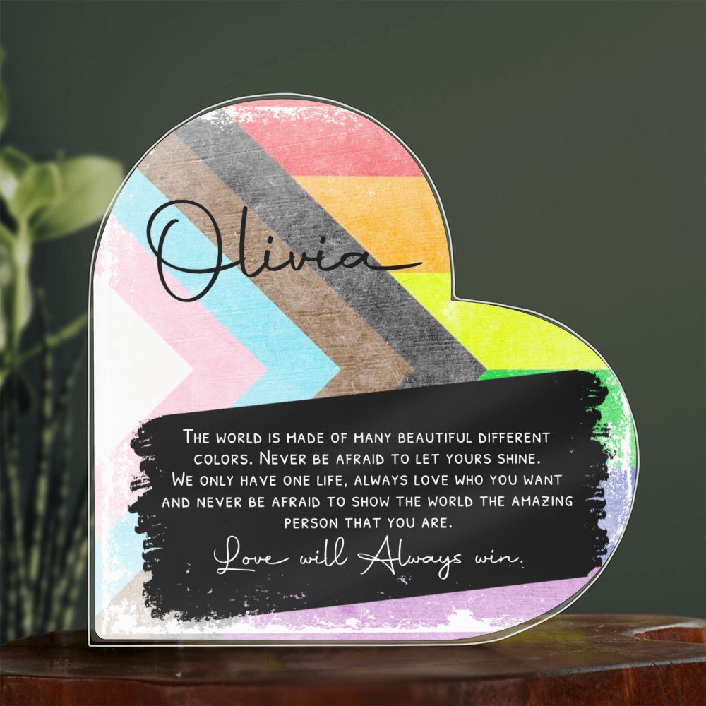 Progress Flag Pride Heart Shaped Acrylic Plaque - Personalized