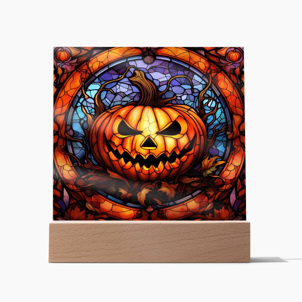 Halloween Gift - Pumpkin Stained Glass - Acrylic Square Plaque with Available LED Night Light