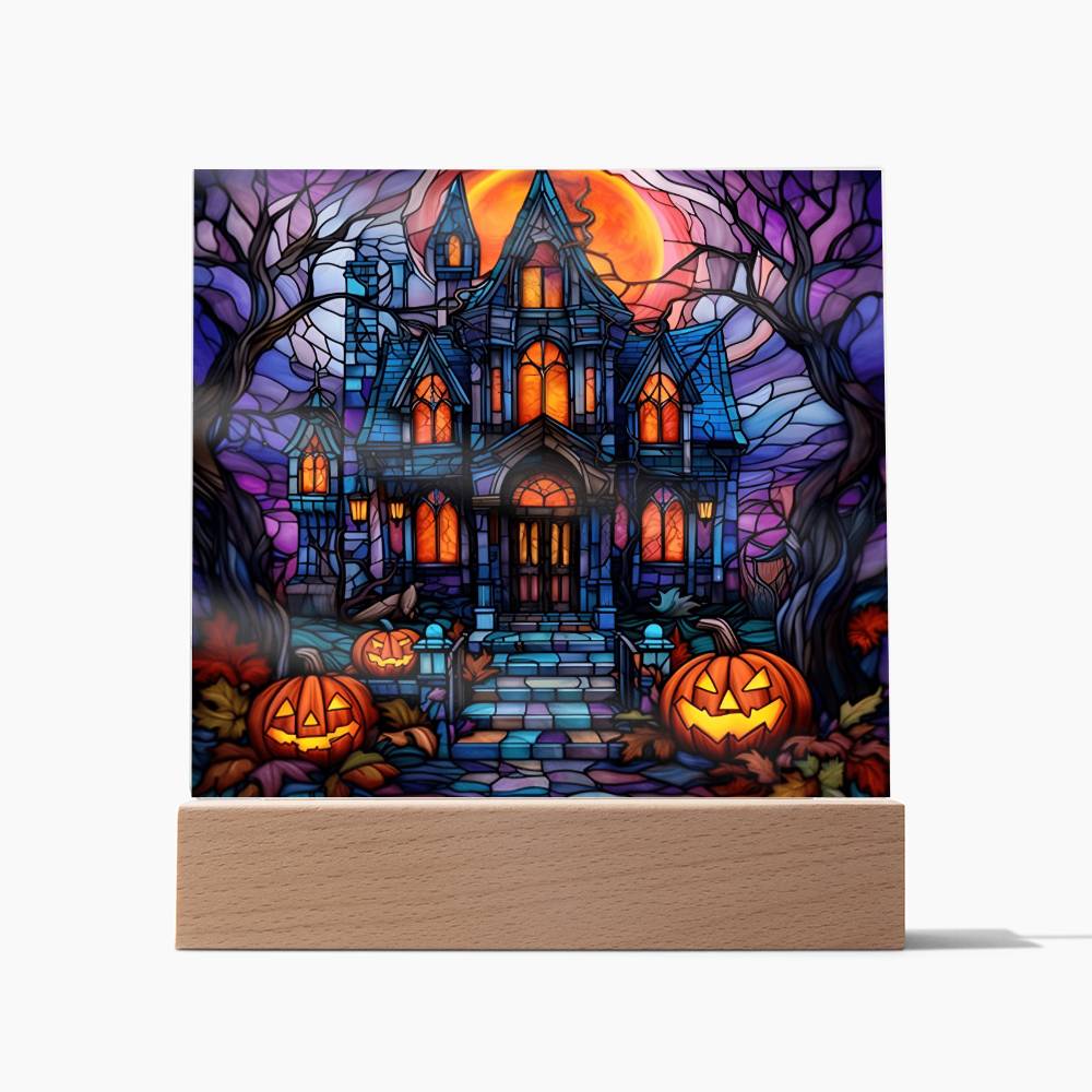 Halloween Gift - Glass Stained House - Acrylic Square Plaque with Available LED Night Light