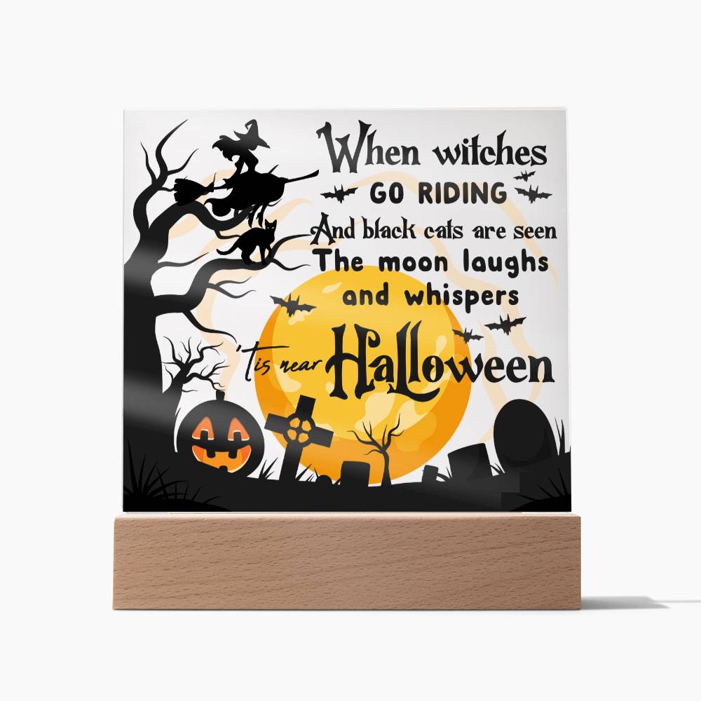 Halloween Gift - Black Cats and Witches Acrylic Square Plaque with Available LED Night Light